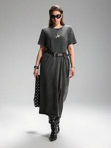 SHEIN EZwear Váy thun dài giặt axit cỡ lớn cỡ lớn Váy thun dài thường ngày - màu đen - Xem 5
