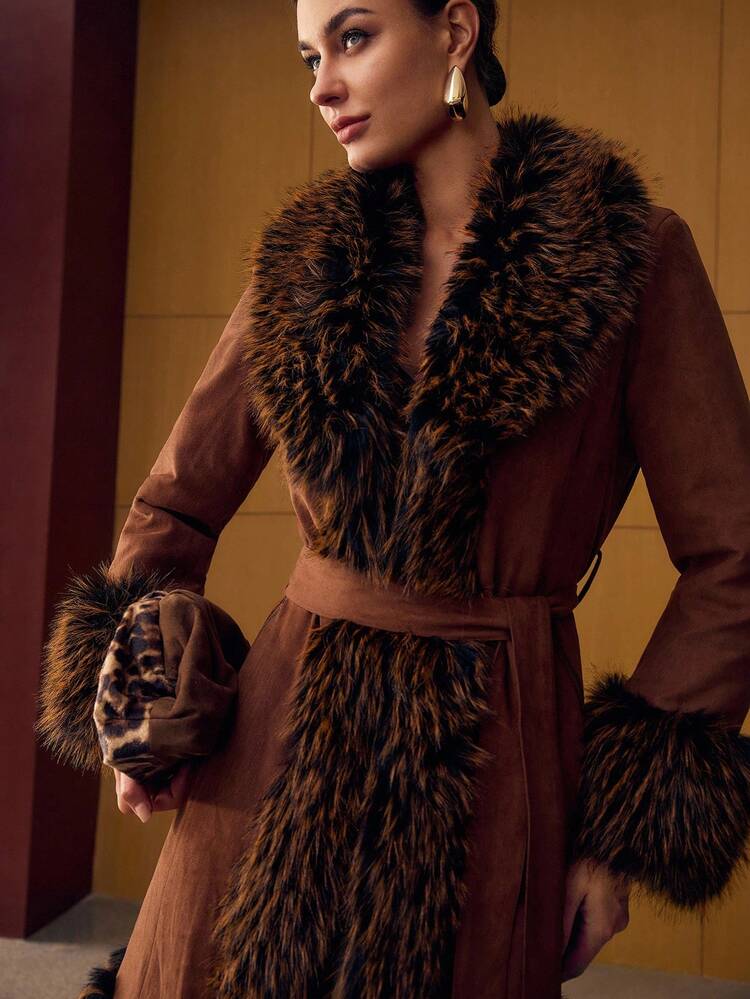 BELTED POCKET FAUX FUR COAT