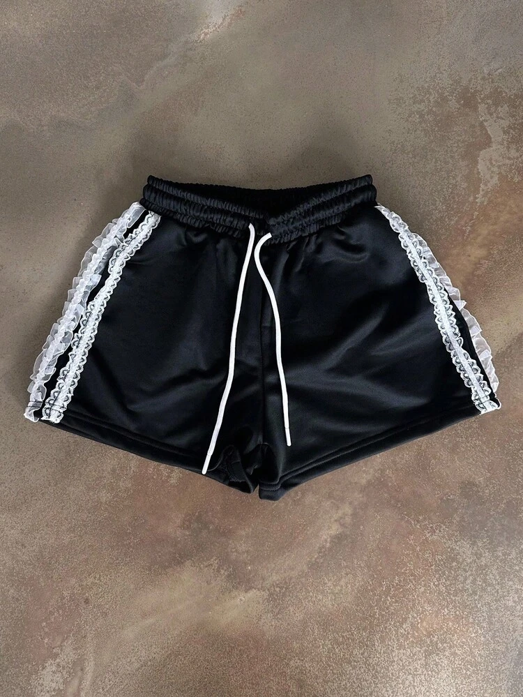 Women's Summer Elastic Waist Drawstring Lace Patchwork Loose Street Casual Shorts