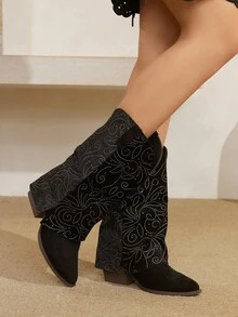 Styleloop Women's Round Toe Comfortable Chunky Heel Short Boots, Wrinkled Texture, Versatile - Black - View 5