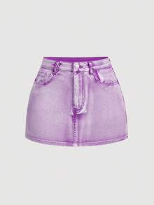 SHEIN MOD 女式休闲蝴蝶结装饰迷你牛仔裙 - 紫色 - 查看 2