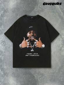 SHEIN 青少年男孩休闲圆领针织印花 T 恤 - 黑色 - 查看 1