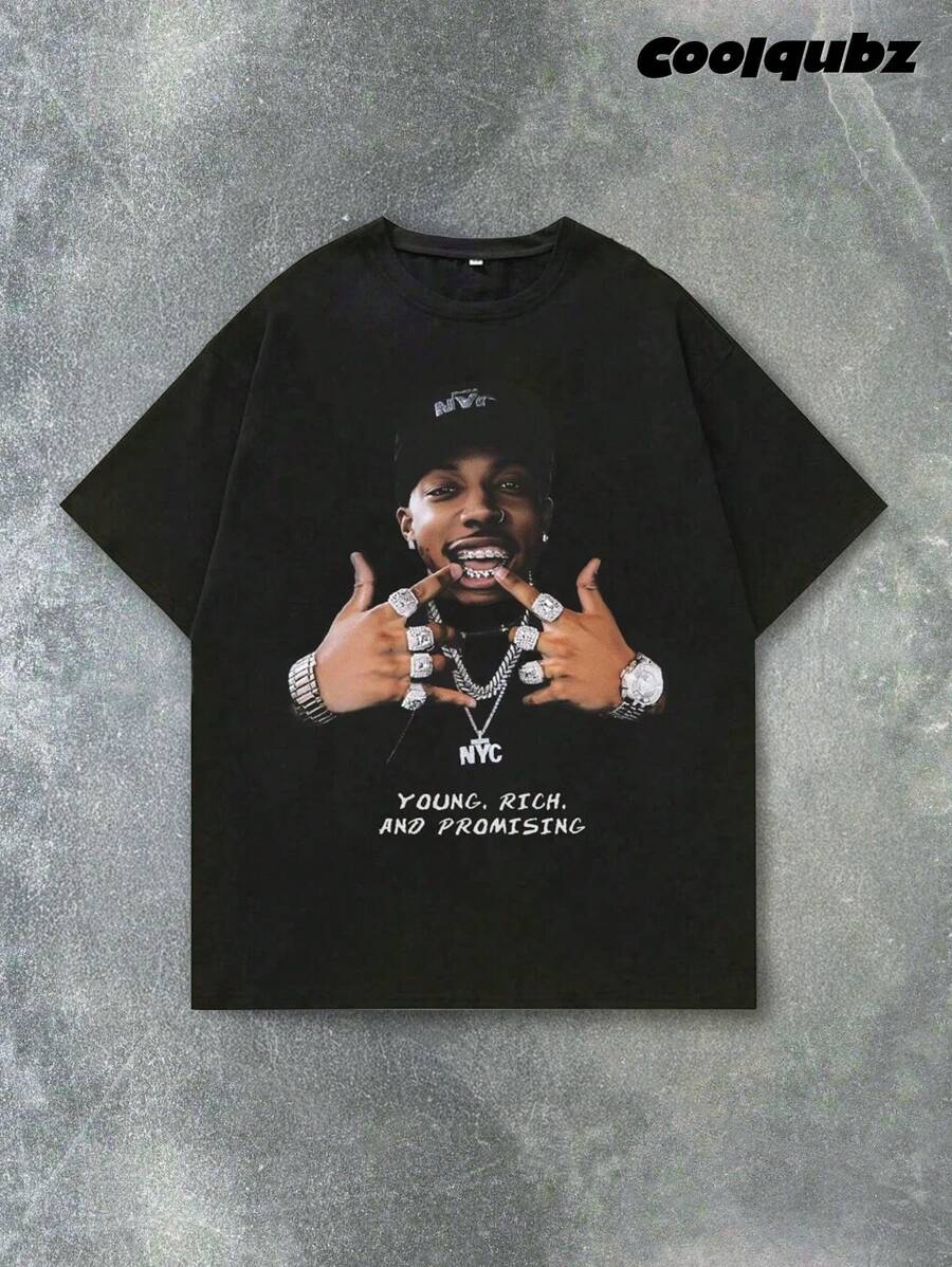 SHEIN 青少年男孩休闲圆领针织印花 T 恤 - 黑色 - 查看 1