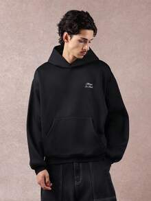 SUMWON Regular Trendsetting Relaxed Fit Hoodie With Script Embroidery Drawstring Hood Loungewear Comfort Everyday Casual Streetwear Winter Essential Plain - Black - View 5