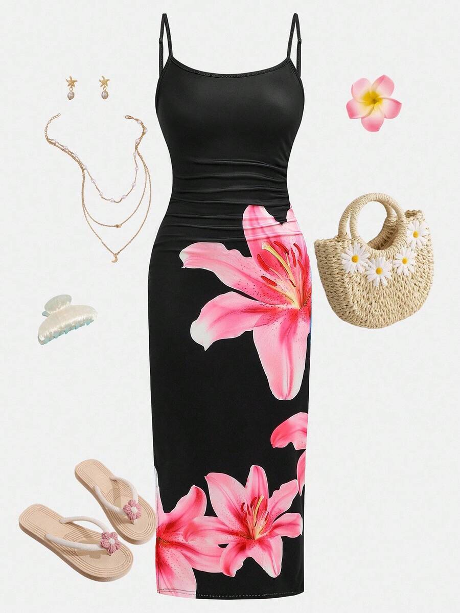 SHEIN Girlism Teen Girl Floral Print Slit Strap Casual Dress, Suitable For Summer, Vacation Outfits, Party, Outdoor Wear Tropical Dress Hawaiian Outfit Tropical Outfit Dress Summer Luau Outfit Luau Dress Floral Dress Hawaiian Style Dress - Black - View 1