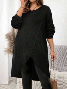 SHEIN Clasi Áo thun dài tay cổ tròn xẻ tà màu trơn cỡ lớn cho nữ công sở thanh lịch - màu đen - Xem 3