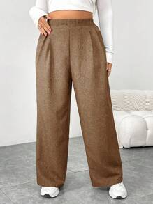 SHEIN Essnce 大码女装秋冬时尚休闲宽松日常舒适复古灰色松紧腰阔腿裤，女式下装，工作裤，秋季服装，老款，复古裤，曲线裤 - 棕色 - 查看 4