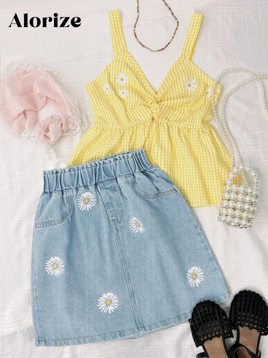 青少年女孩两件套可爱服装套装：休闲黄色格子吊带上衣，搭配雏菊花卉印花和荷叶边下摆，蓝色水洗牛仔雏菊印花迷你裙，活力休闲派对装，春夏 - 黃色 - 查看 1
