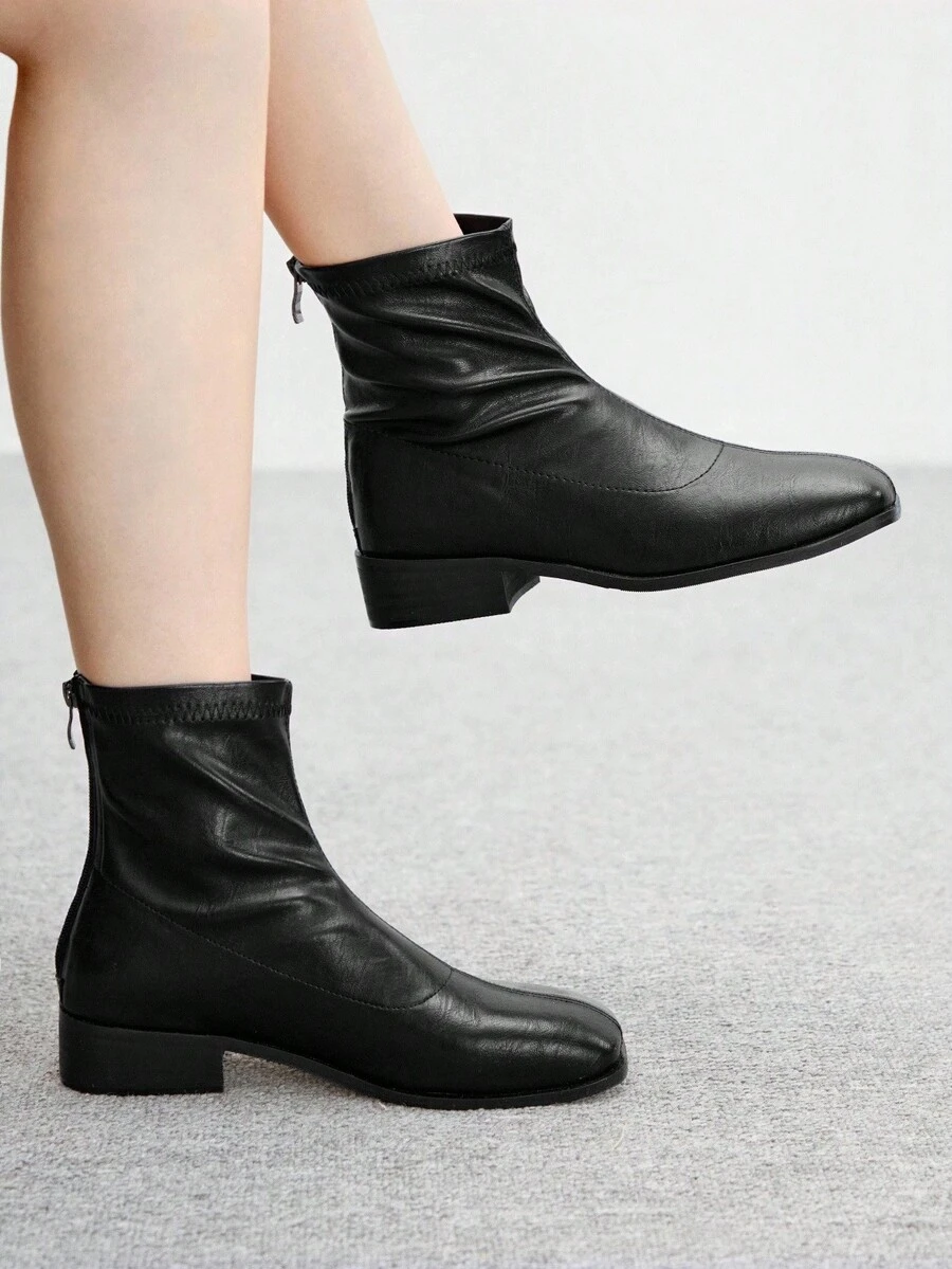 CUCCOO BIZCHIC Nuevas botas de tobillo de tacón bajo con punta cuadrada, ajuste ceñido y elástico, con cremallera trasera. Botines cómodos y versátiles para mujeres. - Negro - Ver 1