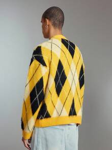 ROMWE MEN Prep Men's Jacquard Knit Cardigan, Loose Short Style Sweater, Fall Winter, Long Sleeve Top - Yellow - View 2