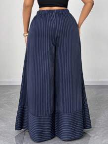 Maweii Pantalones de pierna ancha a rayas de Boston para mujer de talla grande - Azul Marino - Ver 2
