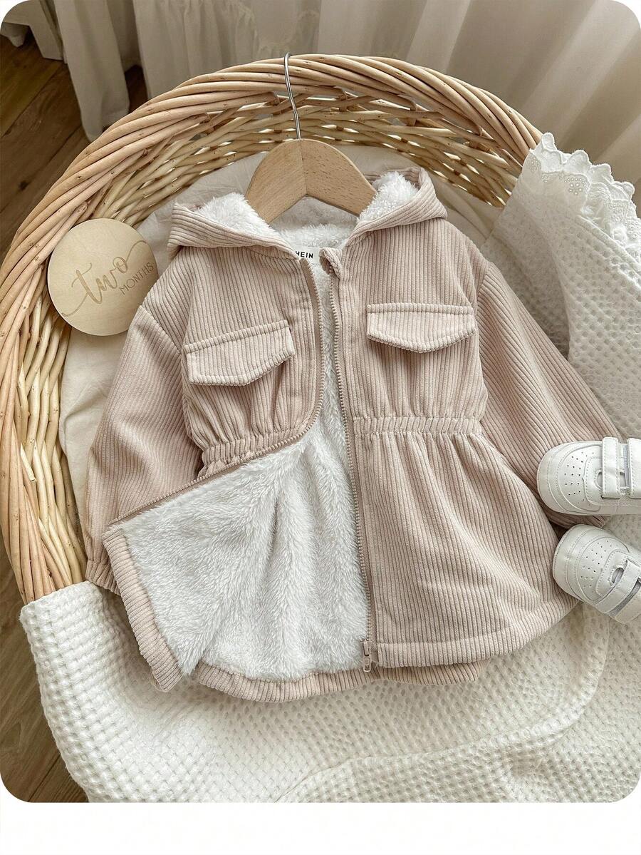 Áo khoác trùm đầu bằng vải nhung ấm áp cho bé gái, màu mơ, quần áo thu đông - Màu Khaki - Xem 1