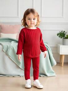 SHEIN Playful Pals 6 件套女婴秋冬新款罗纹针织面料杏色樱桃印花纯色服装，3 件套长袖上衣和裤子，时尚休闲可爱套装 - 彩色 - 查看 5