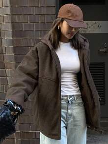 DAZY 女士纯色长袖拉链前开襟休闲宽松连帽冬季外套 - 棕色 - 查看 2