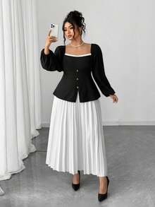 Elenzga Vestido curto plus size com decote quadrado e manga bufante, saia plissada, slim - Preto e Branco - Ver 6