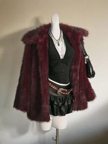 SHEIN ICON Oversized Faux Fur Collar Mixed Color Jacket Burgundy Fur Coat In Fall/Winter