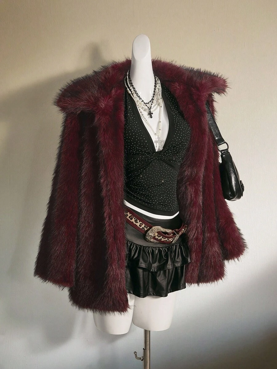 SHEIN ICON Oversized Faux Fur Collar Mixed Color Jacket Burgundy Fur Coat In Fall/Winter