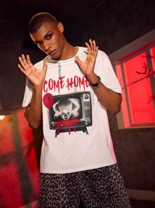 IT x SHEIN Men's Letter & Figure Graphic Round Neck Short Sleeve T-Shirt - White - View 4