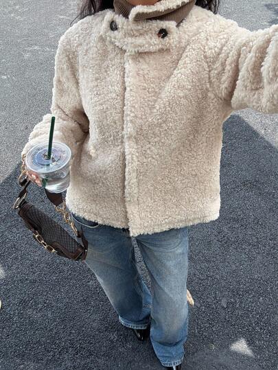 Siren Gaze Winter Women's Plush Coat, Lambswool Stand Collar Thick Warm Jacket, Casual Street Wear For Women, Fashionable And Versatile Coat, Autumn Outfits For Women