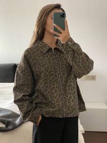 Livesso Women's Leopard Print Loose Casual Denim Jacket Fall/Winter - Brown - View 5