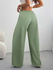 SHEIN EZwear 女式橄榄绿色宽松抽绳腰运动裤，夏季 - 墨綠色 - 查看 2