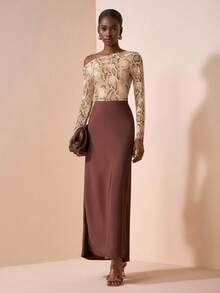 Zivah 2025 春季新款音乐节、复活节、母亲节、婚礼、生日派对、日常外出百搭百搭休闲热卖优雅通勤商务休闲单肩不对称女上衣，网眼蛇皮印花衬衫 - 棕色 - 查看 4