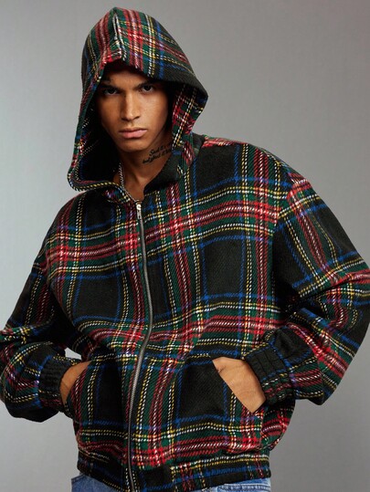 Street Life Men's Plaid Loose Hooded Overcoat, Retro Street Style , Fall Winter