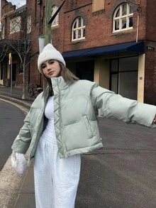 Livesso Solid Color Loose Collar Short Cotton-Padded Coat For Women Jacket - Mint Green - View 2
