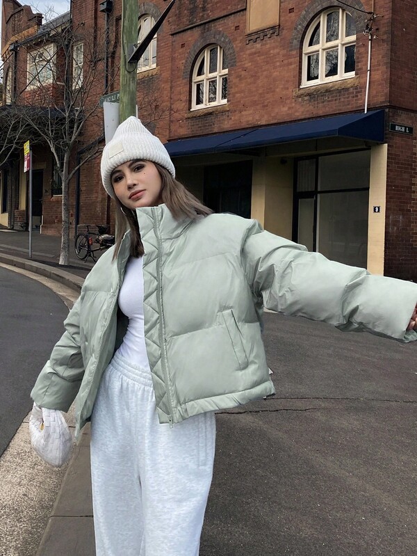 DAZY Chaqueta acolchada de unicolor, de cuello suelto y corta para mujer