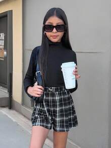 Firerie Kids Firerie Kids 2pcs Tween Girls Black Knit Turtleneck Top And Plaid Elastic Waist Shorts Set, Fashion Versatile Cute Outfit Fall Winter