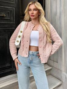 EURMUSE Damen rosa gemütliche Knopf-Vorder-Strickjacke