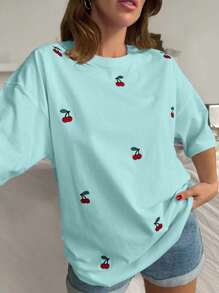 EURMUSE Áo thun nữ cổ tròn tay ngắn thêu họa tiết quả anh đào màu trơn thời trang xuân hè - Màu xanh bạc hà - Xem 6