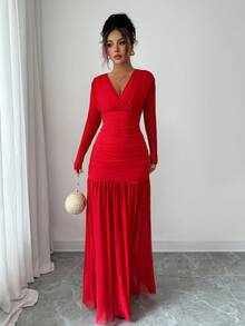 Selianne 女式纯色重叠 V 领长袖荷叶边下摆优雅长裙 - 紅色 - 查看 8