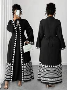 Elenzga Elegantes Geometrie-Muster Kleid in Große Größen, geeignet für den Berufsalltag - Schwarz - Übersicht 1