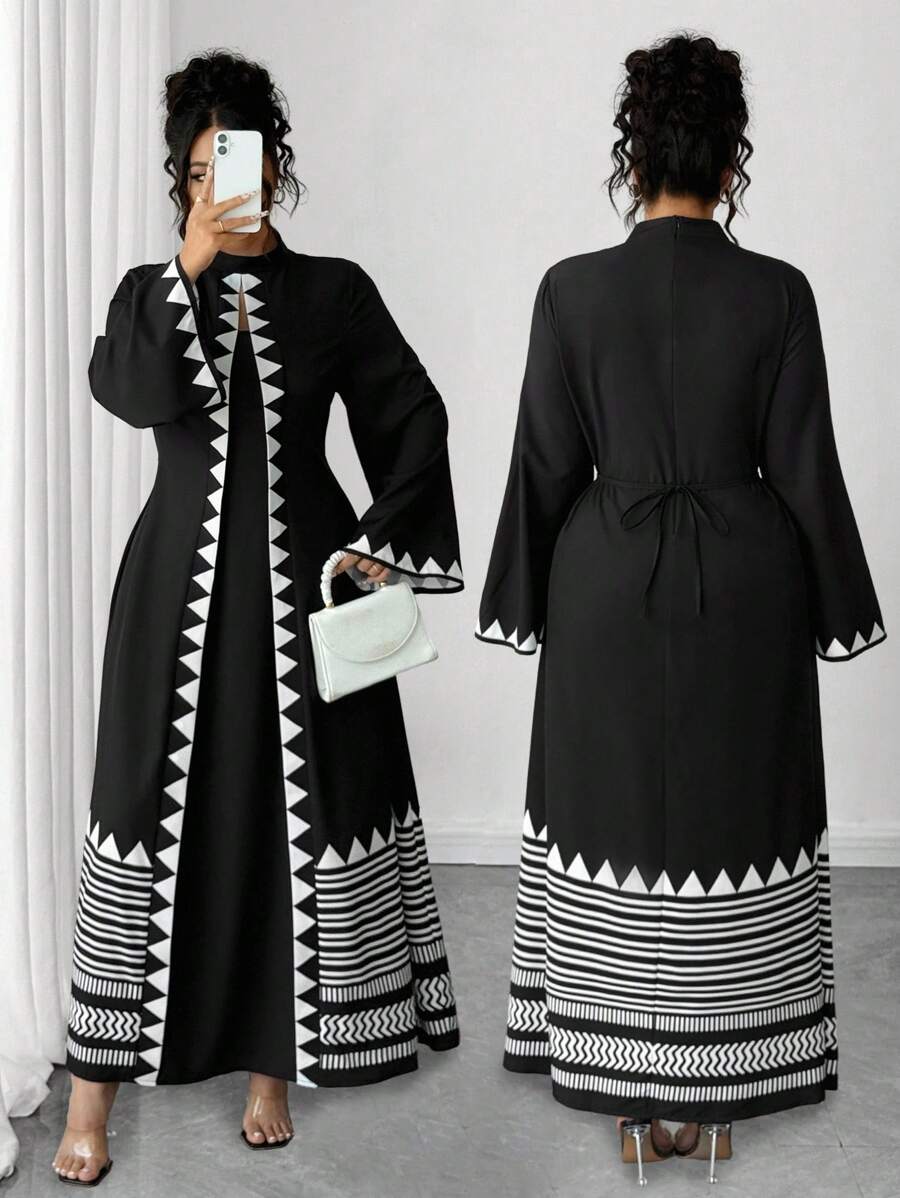 Elenzga Elegantes Geometrie-Muster Kleid in Große Größen, geeignet für den Berufsalltag - Schwarz - Übersicht 1