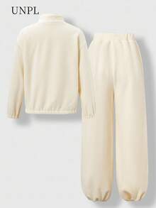 SHEIN 2pcs/Set Tween Girls Casual Solid Color Thermal Lined Stand Collar Half Zip Pullover Sweatshirt And Pants, Comfortable Fabric Suitable For Daily Wear, School, Indoor, Outdoor, Outing, Minimalist, Sportswear, Autumn/Winter, Thick Clothing,ChicAutumn,Halloween, Christmas