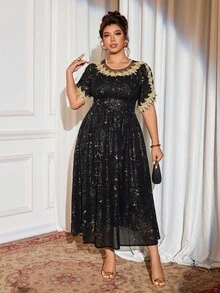 Elenzga 大码女式优雅金箔雪纺拼接撞色蕾丝花边镂空圆领短袖束腰连衣裙 - 彩色 - 查看 8