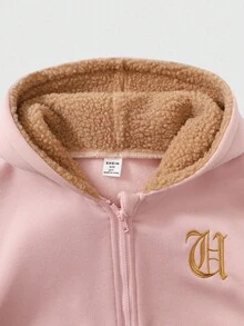 SHEIN Explorewe 1 件 Tween Girl 保暖内衬宽松休闲拉链连帽夹克，彩色刺绣设计，前拉链开合，适合外出、返校、秋季、冬季、春季 - 粉色 - 查看 6