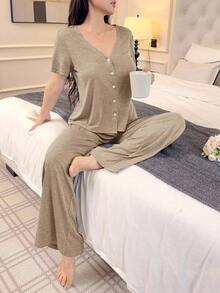 SHEIN Women's Solid Color Short Sleeve Casual Knit Comfortable Loungewear Set - Khaki - View 4