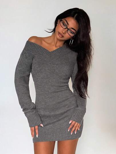 EgrlEra V-Neck Knitted Women's Bodycon Sweater Dress, Autumn/Winter Fall Cloth For Women