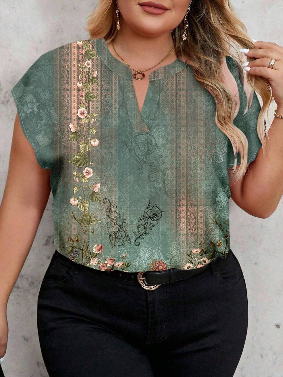 SHEIN Clasi 大码女式花卉印花短袖衬衫 - 彩色 - 查看 1