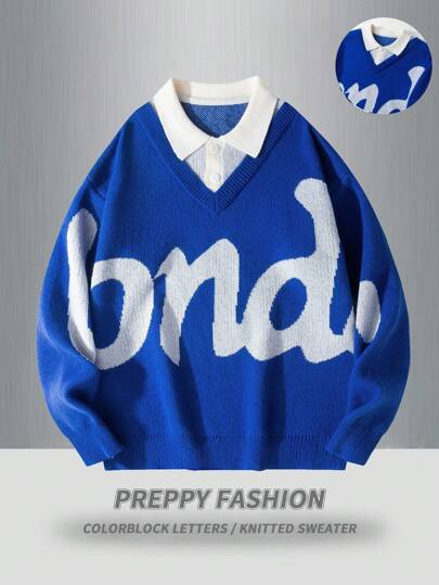 Manfinity EZcore 男士休闲拼色字母图案针织毛衣，秋冬