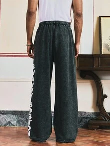 SWAVVY Men's Black Casual Loose Knit Letter Print Long Sweatpants, 2000s Style - Black - View 2