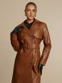 Silquee Áo khoác dạ dài tay giả da trơn hai hàng khuy cho nữ mùa thu/đông - màu nâu - Xem 6