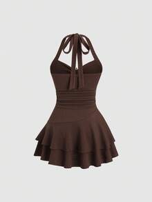 Sweetra 女士新款春夏适合海滩度假优雅纹理面料挂脖系带设计褶皱前部金属装饰分层荷叶边下摆俏皮迷你连衣裙 - 咖啡棕 - 查看 2