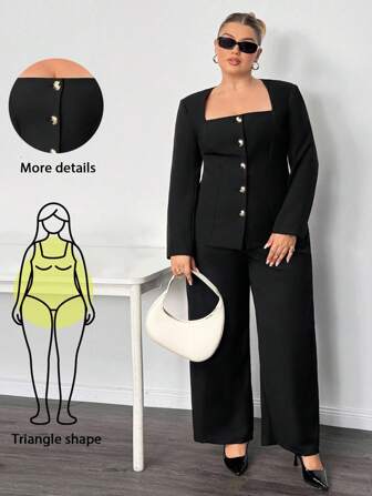 Truni Plus Size Women's Square Neck Long Sleeve Blazer Jacket, Cinched Waist Metal Button Detail Suit