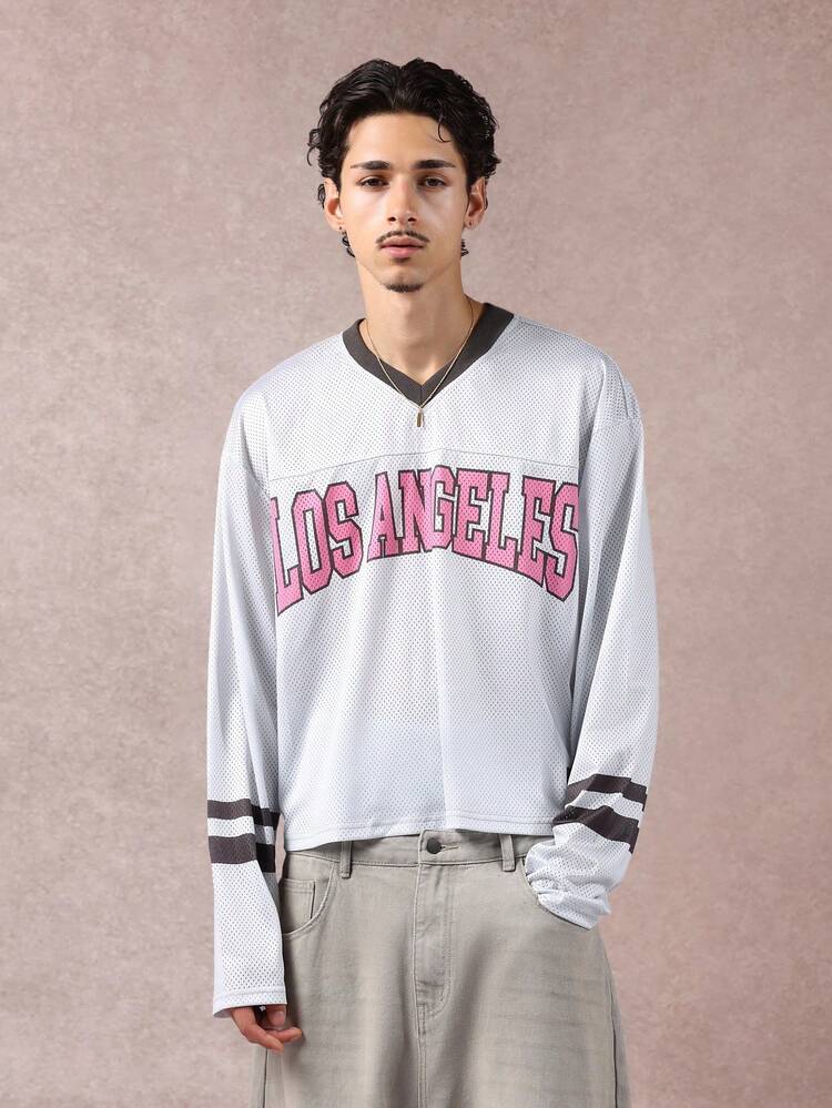 Mesh Baseball Jersey With V Neck And Varsity Text