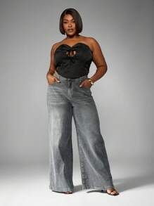 MISSGUIDED PLUS Plus Size Satin Corset Top With Lace Up Front Detail Bustier Crop Tank Evening Party Club Wear Night Out Strapless Fashion Top - Black - View 3