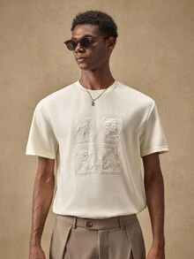 AKNOTIC Men's Casual Embroidered Loose Fit Round Neck Short Sleeve T-Shirt - Apricot - View 4