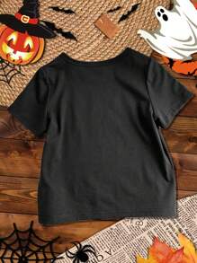SHEIN Áo thun tay ngắn in họa tiết bí ngô yêu tinh can đảm hoạt hình Halloween cho bé trai, phong cách thời trang, phù hợp cho mùa hè, thu/đông, Halloween - màu đen - Xem 4